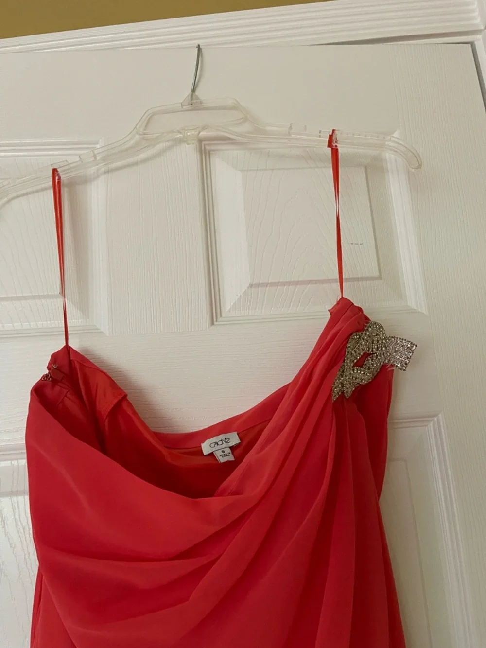 CACHE One Shoulder Red / Orange Cocktail Dress Rhinestone Accent size 8 - Picture 2 of 6